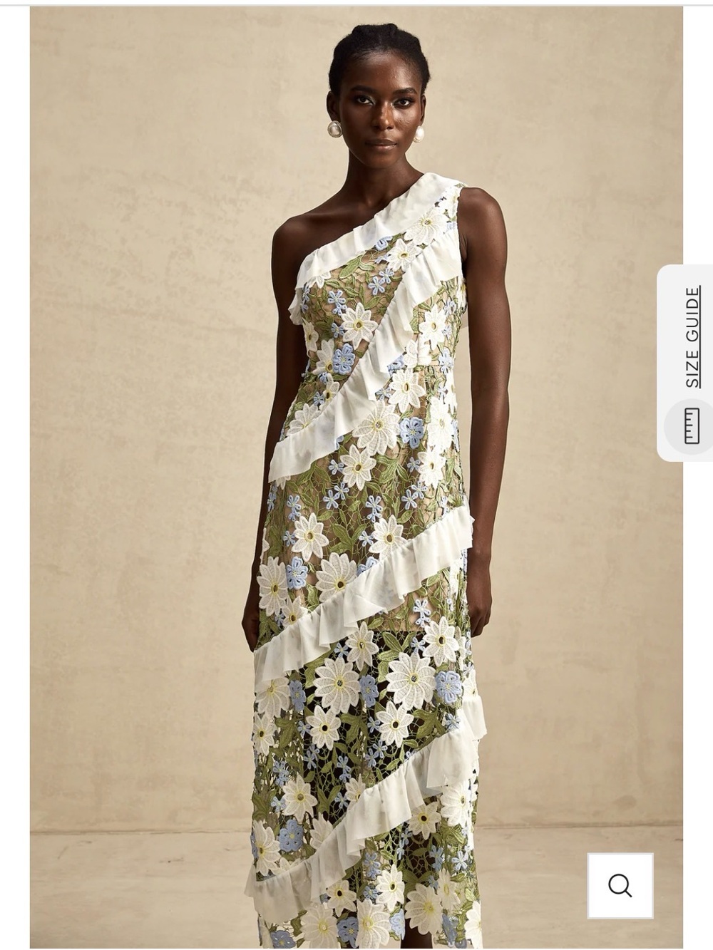 One-Shoulder Olive Floral Lace Dress with White Ruffle Accents